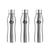 CELLO New Curvy Stainless Steel Water Bottle for Office Set of 3 Pcs 1000ml Silver | Single Wall Freezer & Fridge Safe, Leak Proof Wide Mouth Easy to Clean, One Hand Grip Steel Water Bottle for Travel