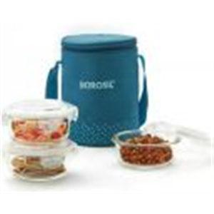 BOROSIL Teal Lunch Box with Bag, 3 Pc (400 ml x 3 Round)
