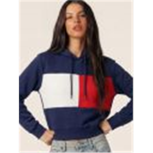 Tokyo Talkies Women Navy Blue & Red Colourblocked Hooded Sweatshirt
