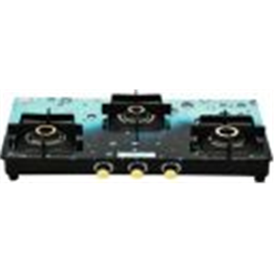 CELLO Droplet Manual Gas Stove Black Glass Top, Brass Burner Glass Manual Gas Stove (3 Burners)