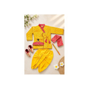 Boys Krishna Costume Kurta Dhoti Set, Yellow Bandhani P..