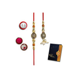 Oblivion Rakhi Set for Bhai and Bhabhi –Beaded Gold for Bhai 1 Pc and Lumba for Bhabhi 1 Pc– Silver Color Pooja Coin and Greeting Card Combo